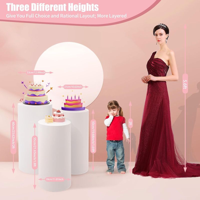 Photo 1 of 3Pcs White Metal Cylinder Pedestal Stands – Heavy Duty Cake & Dessert Display Stands for Weddings, Parties & Events, Elegant Cylindrical Decoration