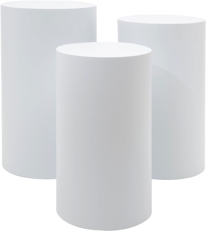 Photo 1 of 3Pcs White Metal Cylinder Pedestal Stands – Heavy Duty Cake & Dessert Display Stands for Weddings, Parties & Events, Elegant Cylindrical Decoration