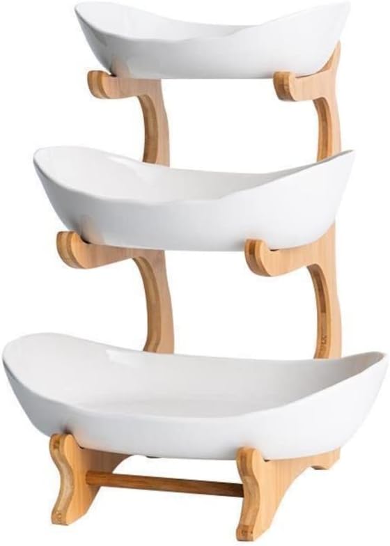 Photo 1 of 3 Tier Ceramic Fruit Bowl with Bamboo Wood Stand for Kitchen Counter, Fruit Bowl Basket with Holder Detachable Serving Tray, Dessert, Fruit,Cake, Candy Ceramic Storage Holder Set - White