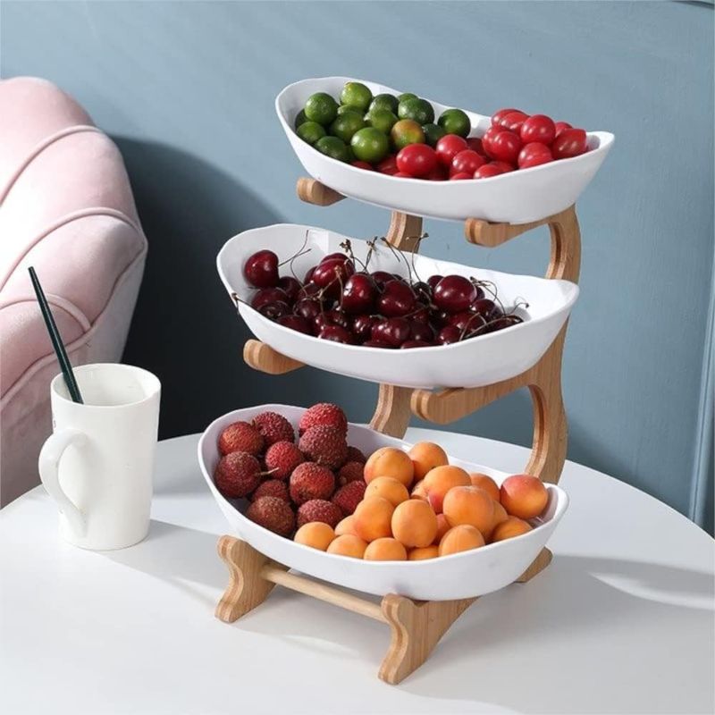 Photo 1 of 3 Tier Ceramic Fruit Bowl with Bamboo Wood Stand for Kitchen Counter, Fruit Bowl Basket with Holder Detachable Serving Tray, Dessert, Fruit,Cake, Candy Ceramic Storage Holder Set - White