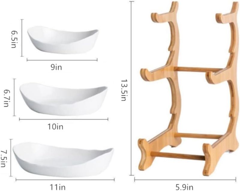 Photo 1 of 3 Tier Ceramic Fruit Bowl with Bamboo Wood Stand for Kitchen Counter, Fruit Bowl Basket with Holder Detachable Serving Tray, Dessert, Fruit,Cake, Candy Ceramic Storage Holder Set - White
