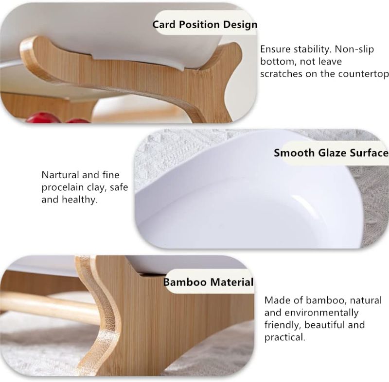Photo 1 of 3 Tier Ceramic Fruit Bowl with Bamboo Wood Stand for Kitchen Counter, Fruit Bowl Basket with Holder Detachable Serving Tray, Dessert, Fruit,Cake, Candy Ceramic Storage Holder Set - White