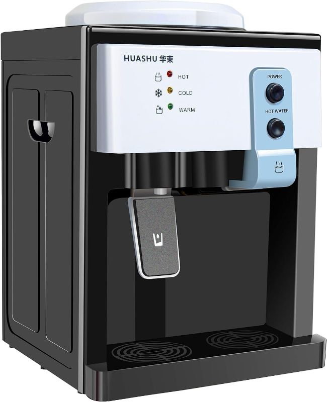 Photo 1 of Top Loading Countertop Water Dispenser, 3 Temperature Settings, 1 to 5 Gallon Ice Hot Cold Water Dispenser Table Top for Home Office School, Ice Water 8-15 ? - 110V 550W (White) (White)