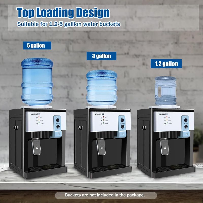 Photo 1 of Top Loading Countertop Water Dispenser, 3 Temperature Settings, 1 to 5 Gallon Ice Hot Cold Water Dispenser Table Top for Home Office School, Ice Water 8-15 ? - 110V 550W (White) (White)