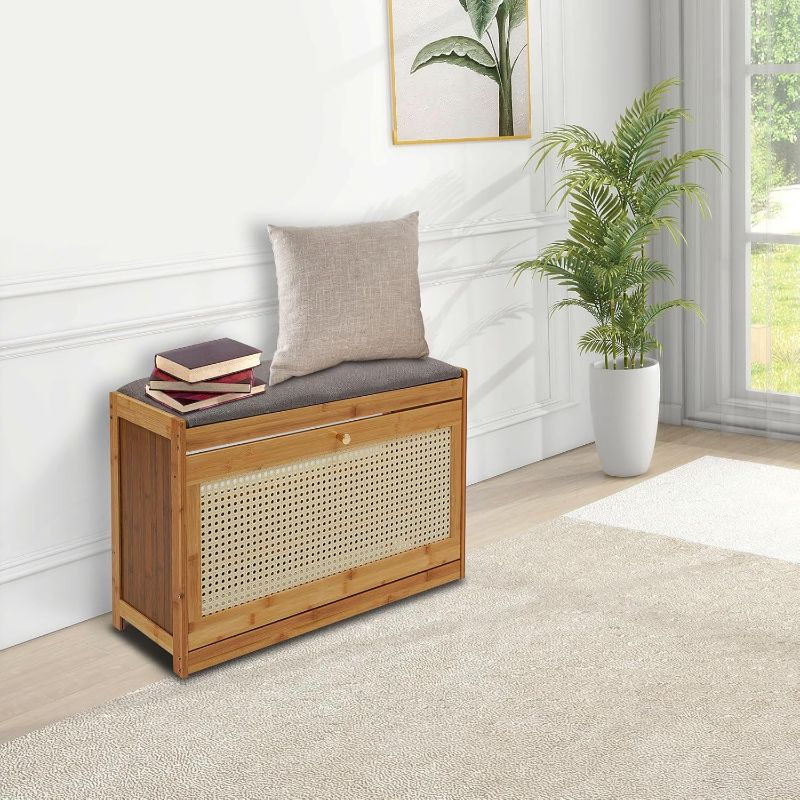 Photo 1 of Shoe Storage Bench with Flip Top Storage Cabinet and Cushion, 2-Tier Bamboo Shoe Organizer Small Shoe Stool for Entryway Hallway, Bedroom (Wood)