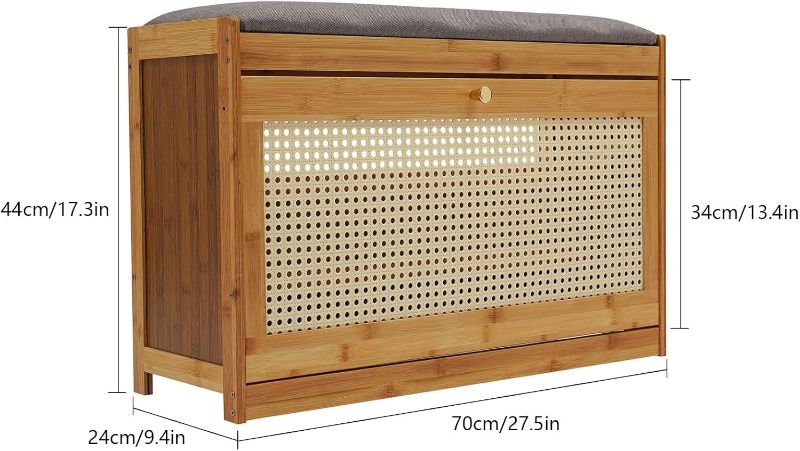 Photo 1 of Shoe Storage Bench with Flip Top Storage Cabinet and Cushion, 2-Tier Bamboo Shoe Organizer Small Shoe Stool for Entryway Hallway, Bedroom (Wood)