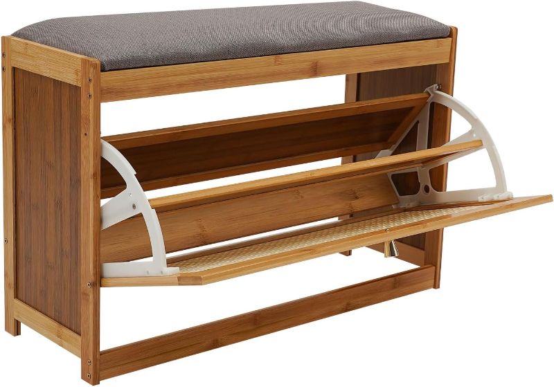 Photo 1 of Shoe Storage Bench with Flip Top Storage Cabinet and Cushion, 2-Tier Bamboo Shoe Organizer Small Shoe Stool for Entryway Hallway, Bedroom (Wood)