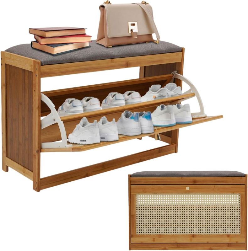 Photo 1 of Shoe Storage Bench with Flip Top Storage Cabinet and Cushion, 2-Tier Bamboo Shoe Organizer Small Shoe Stool for Entryway Hallway, Bedroom (Wood)