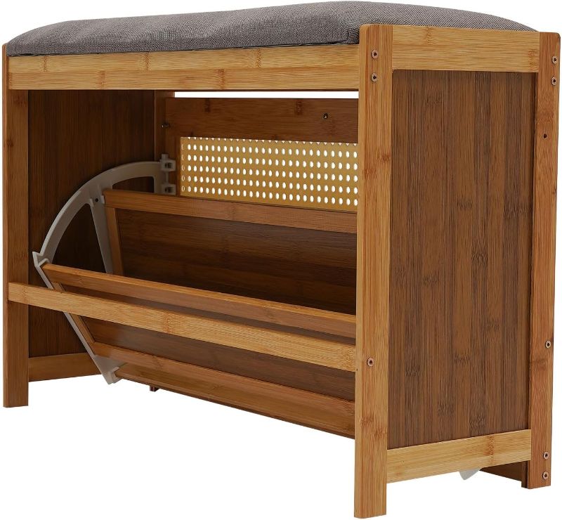 Photo 1 of Shoe Storage Bench with Flip Top Storage Cabinet and Cushion, 2-Tier Bamboo Shoe Organizer Small Shoe Stool for Entryway Hallway, Bedroom (Wood)