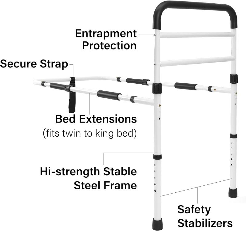 Photo 1 of FSA/HSA Eligible, Vaunn Medical New Adjustable Bed Assist Rail Handle (Passed ASTM F3186–17 Safety Standard) and Hand Guard Grab Bar, Bedside Safety and Stability (Tool-Free Assembly), White/Black