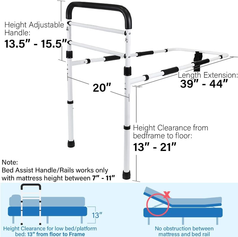 Photo 1 of FSA/HSA Eligible, Vaunn Medical New Adjustable Bed Assist Rail Handle (Passed ASTM F3186–17 Safety Standard) and Hand Guard Grab Bar, Bedside Safety and Stability (Tool-Free Assembly), White/Black