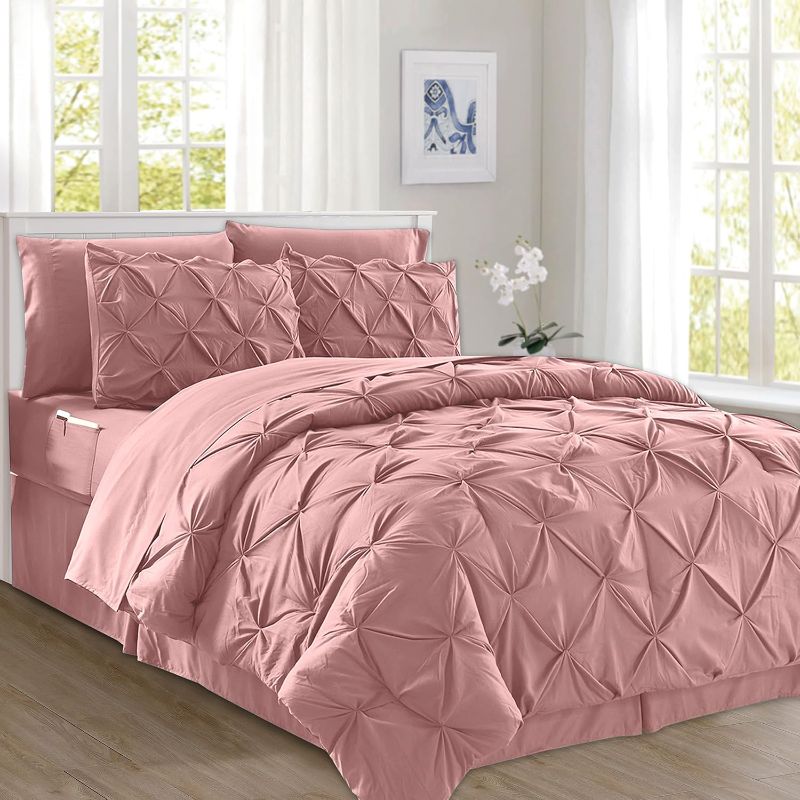 Photo 1 of King/Cal King - Elegant Comfort 8-Piece Pinch Pleated Comforter Set - All Season Complete Bed in a Bag, Includes 4pc Smart Sheet Set, Bed Skirt, Comforter, Matching Pillowcases and Shams, King/Cal King, Dusty Rose