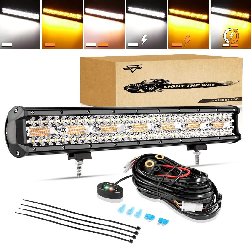 Photo 1 of Auxbeam 20 Inch LED Light Bar 420W 6 Modes Amber White Strobe Light, Off-Road Driving Light Spot Flood Combo Work Light with 16AWG 10FT Wiring Harness Kit - 1 Lead for Jeep Wrangler Boat Truck SUV ATV