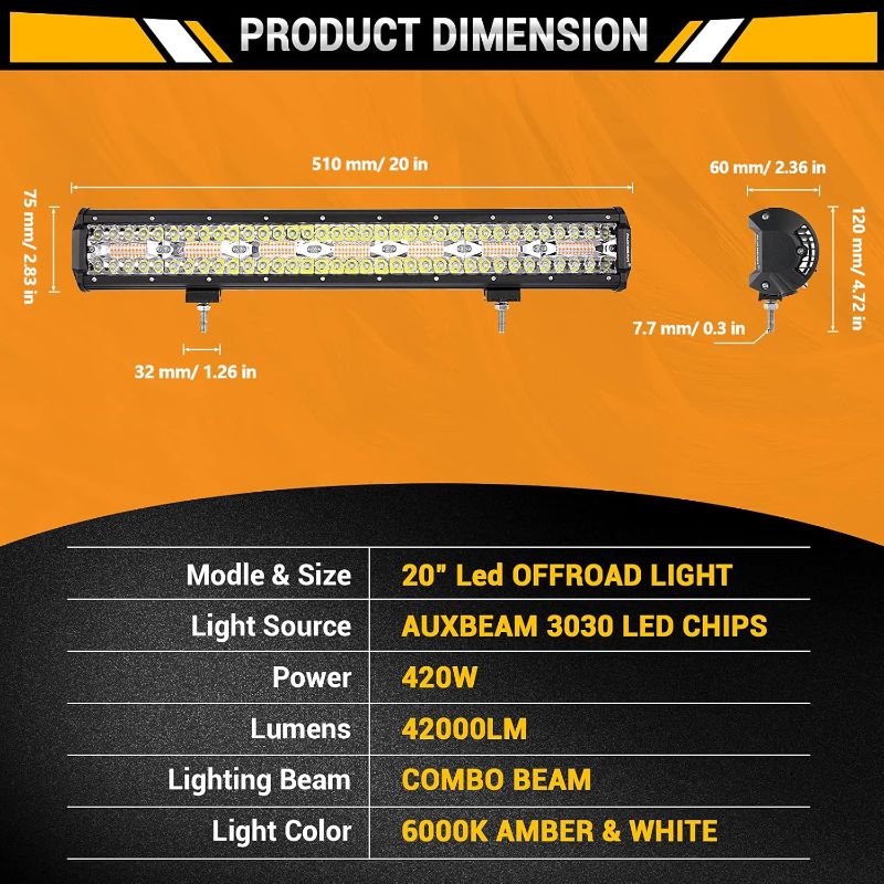 Photo 1 of Auxbeam 20 Inch LED Light Bar 420W 6 Modes Amber White Strobe Light, Off-Road Driving Light Spot Flood Combo Work Light with 16AWG 10FT Wiring Harness Kit - 1 Lead for Jeep Wrangler Boat Truck SUV ATV