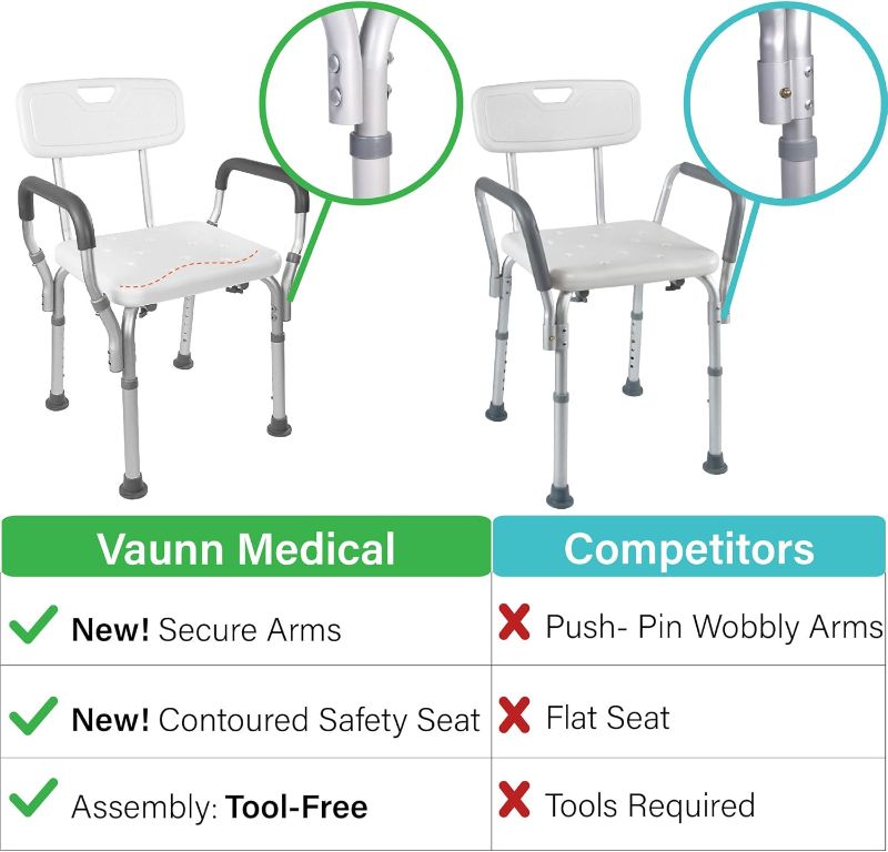 Photo 1 of Vaunn FSA/HSA Eligible Medical Shower Chair Bath Seat with Padded Arms, Removable Back and Adjustable Legs for Bathtub Safety and Supports Weight up to 350 lbs