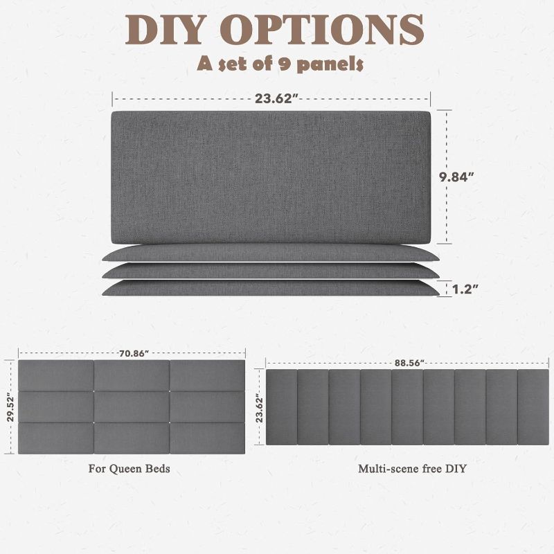 Photo 1 of Upholstered Headboard for Queen Size Bed, Wall Mounted & Peel and Stick Headboard, Soundproof DIY Wall Panels, Fabric Tufted Head board in Modern Design for Bedroom (9 Panels, Each 23.62"x9.84"?