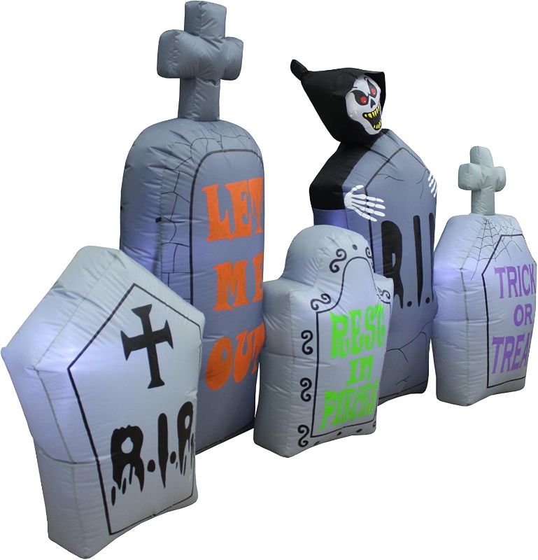 Photo 1 of 7 Foot Long Halloween Inflatable Tombstones Pathway Scene Haunted House Prop Grim Reaper LED Lights Decor Outdoor Indoor Holiday Decorations, Blow up Lighted Yard Decor, Lawn Inflatables Home Family
