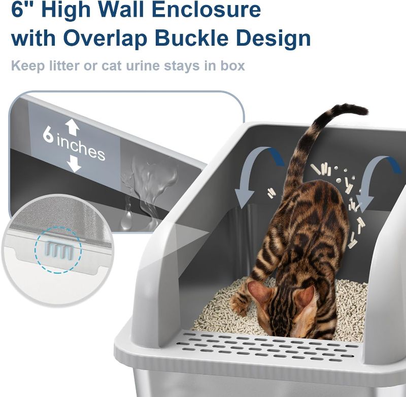 Photo 1 of Enclosed Stainless Steel Cat Litter Box with Lid Extra Large Litter Box for Big Cats XL Metal Litter Pan Tray with High Wall Sides Enclosure, Non-Sticky, Anti-Leakage, Easy Cleaning