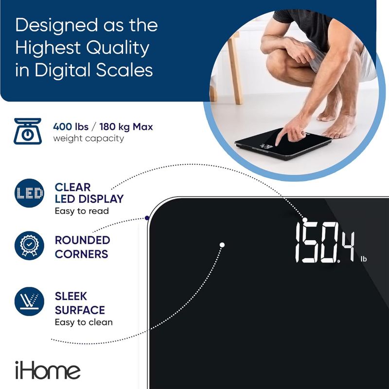 Photo 1 of iHome Digital Scale, Bathroom Scale, Batteries Included, Scale Body Weight, Weight Scale, Bathroom Scales for Weight, Digital Scales for Body Weight (Black)