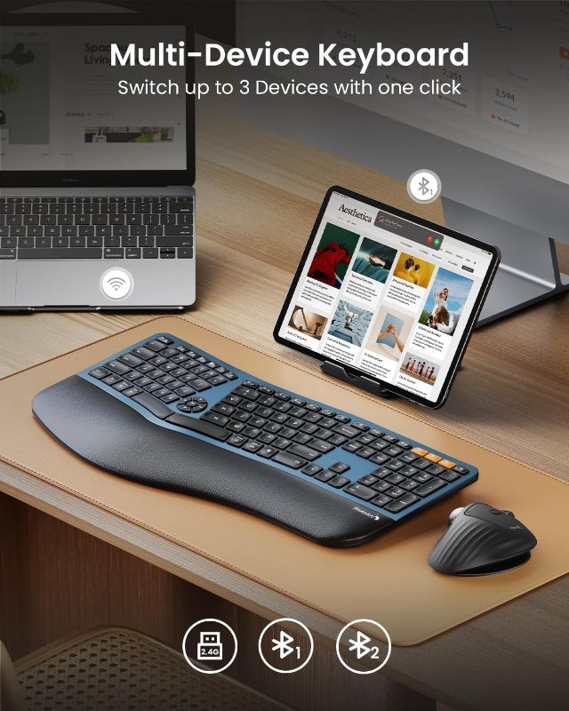Photo 1 of ProtoArc Backlit Bluetooth Ergonomic Keyboard, EK01 Plus Full Size Wireless Split Keyboard with Dual Bluetooth and USB, Cushioned Wrist Rest, Rechargeable, Compatible with Windows/Mac/Android, Blue
