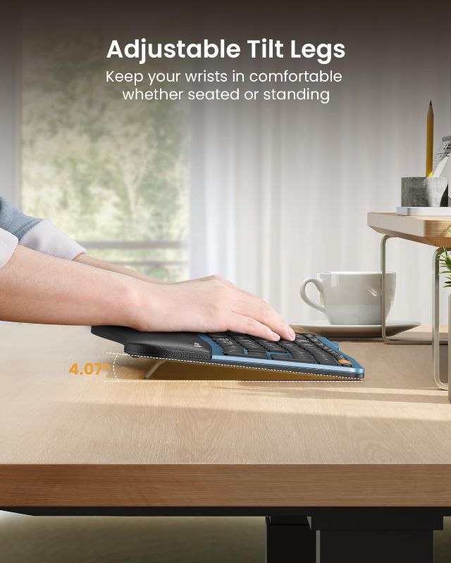 Photo 1 of ProtoArc Backlit Bluetooth Ergonomic Keyboard, EK01 Plus Full Size Wireless Split Keyboard with Dual Bluetooth and USB, Cushioned Wrist Rest, Rechargeable, Compatible with Windows/Mac/Android, Blue