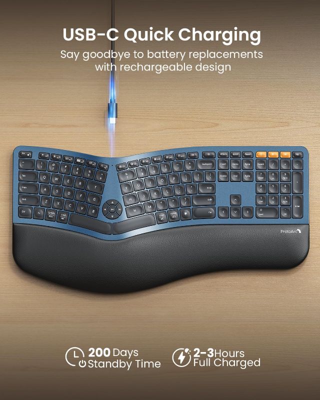 Photo 1 of ProtoArc Backlit Bluetooth Ergonomic Keyboard, EK01 Plus Full Size Wireless Split Keyboard with Dual Bluetooth and USB, Cushioned Wrist Rest, Rechargeable, Compatible with Windows/Mac/Android, Blue