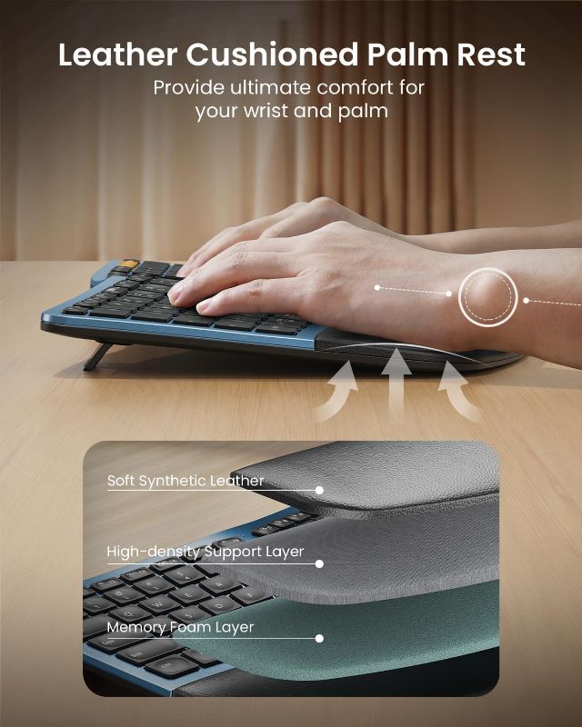 Photo 1 of ProtoArc Backlit Bluetooth Ergonomic Keyboard, EK01 Plus Full Size Wireless Split Keyboard with Dual Bluetooth and USB, Cushioned Wrist Rest, Rechargeable, Compatible with Windows/Mac/Android, Blue
