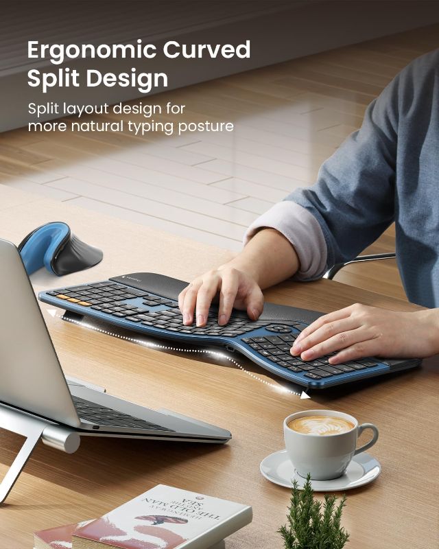 Photo 1 of ProtoArc Backlit Bluetooth Ergonomic Keyboard, EK01 Plus Full Size Wireless Split Keyboard with Dual Bluetooth and USB, Cushioned Wrist Rest, Rechargeable, Compatible with Windows/Mac/Android, Blue