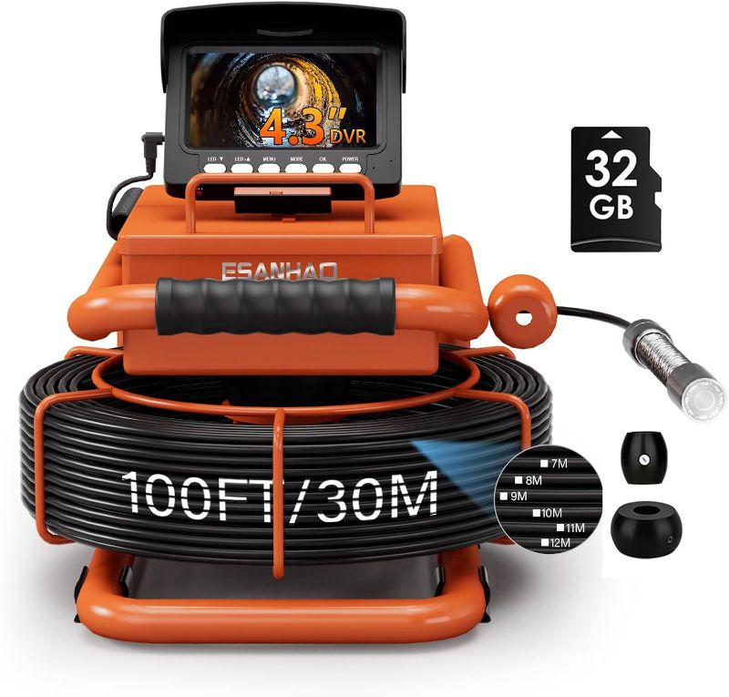 Photo 1 of Sewer Camera 100FT/30M Pipe Inspection with Light Plumbing Snake 17/22mm DVR & Audio Recorder 4.3" Screen HD 1000TVL Included 32GB Card (17MM Camera)