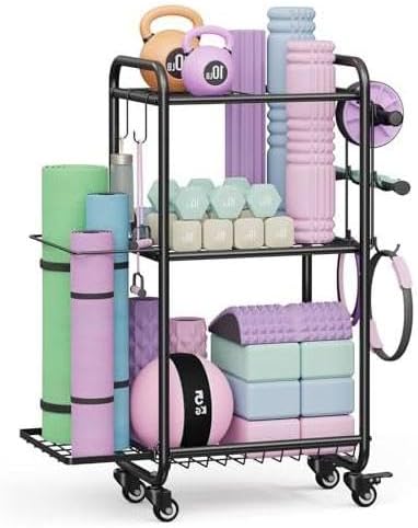 Photo 1 of CHENLIQING All-in-One Mobile Weight Rack & Yoga Mat Holder for Home Gym: Includes Hooks for Dumbbells, Kettlebells, & Rollers
