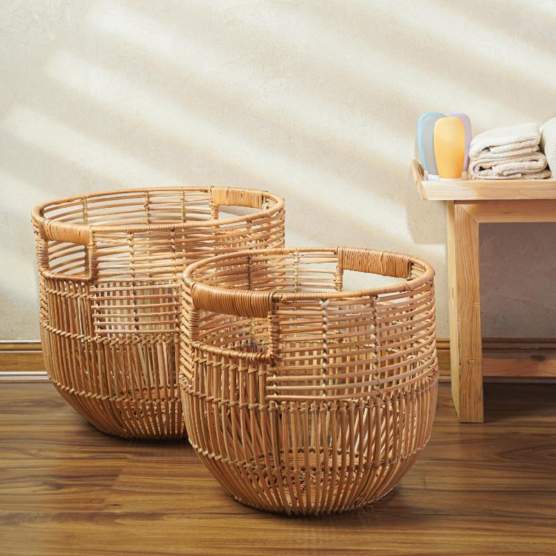 Photo 1 of Set Of 2 Large Woven Blanket Baskets With Handles | Round Wicker Rattan Storage Floor Baskets for Shoe In Living Room | Extra Big Boho Rattan Laundry For Pillow, Blanket