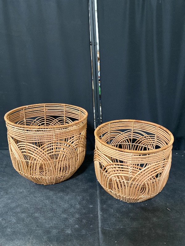 Photo 1 of Set Of 2 Large Woven Blanket Baskets With Handles | Round Wicker Rattan Storage Floor Baskets for Shoe In Living Room | Extra Big Boho Rattan Laundry For Pillow, Blanket