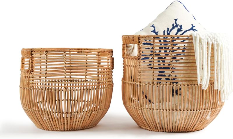 Photo 1 of Set Of 2 Large Woven Blanket Baskets With Handles | Round Wicker Rattan Storage Floor Baskets for Shoe In Living Room | Extra Big Boho Rattan Laundry For Pillow, Blanket