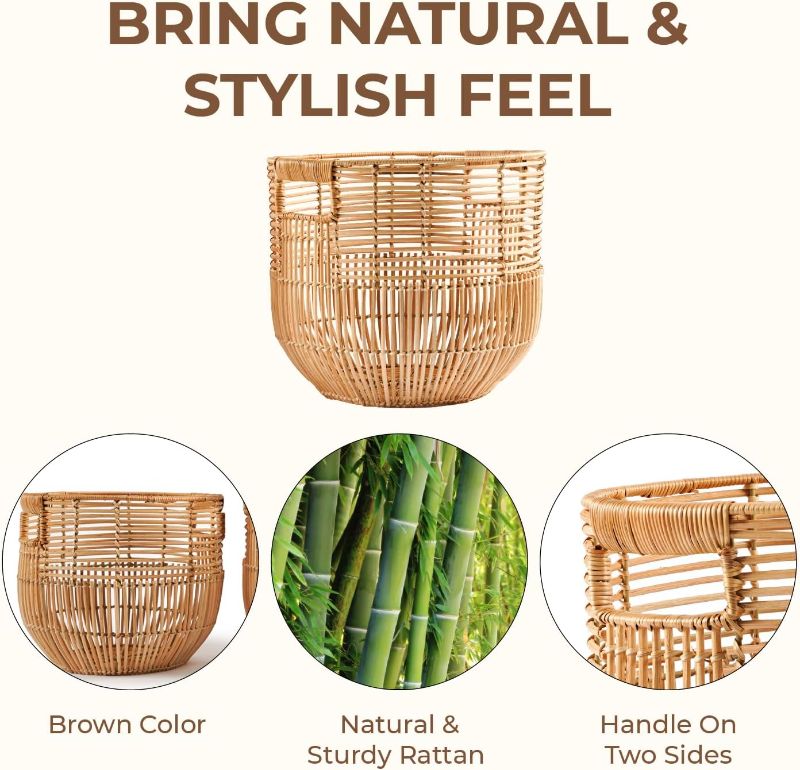 Photo 1 of Set Of 2 Large Woven Blanket Baskets With Handles | Round Wicker Rattan Storage Floor Baskets for Shoe In Living Room | Extra Big Boho Rattan Laundry For Pillow, Blanket