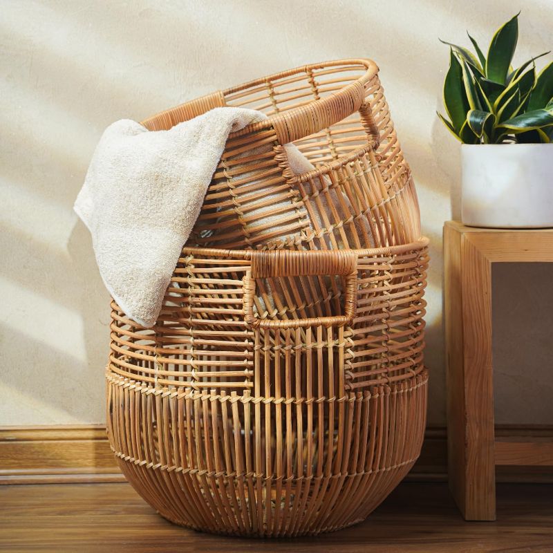 Photo 1 of Set Of 2 Large Woven Blanket Baskets With Handles | Round Wicker Rattan Storage Floor Baskets for Shoe In Living Room | Extra Big Boho Rattan Laundry For Pillow, Blanket