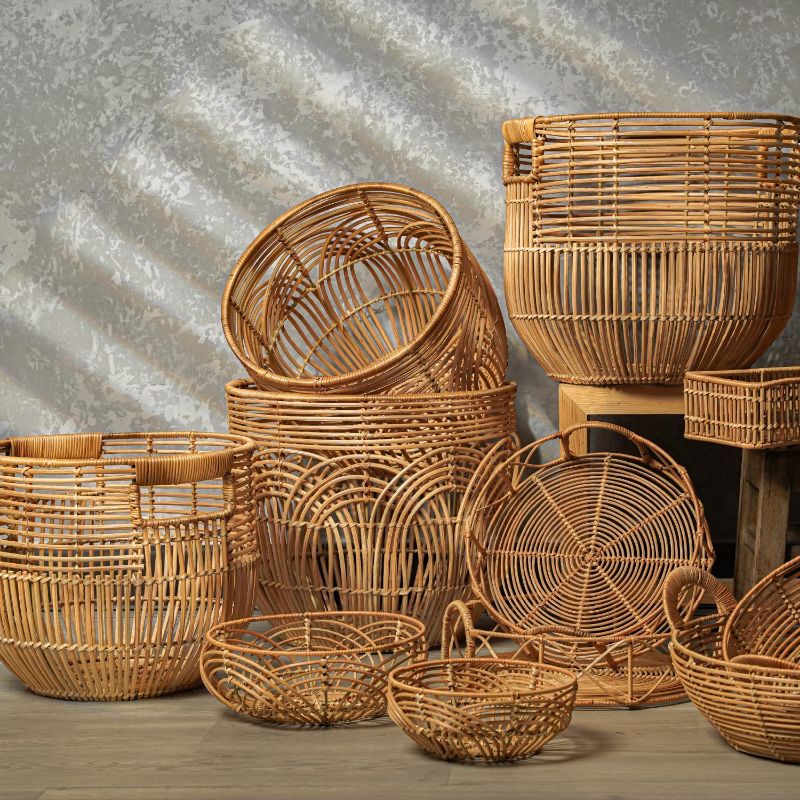 Photo 1 of Set Of 2 Large Woven Blanket Baskets With Handles | Round Wicker Rattan Storage Floor Baskets for Shoe In Living Room | Extra Big Boho Rattan Laundry For Pillow, Blanket