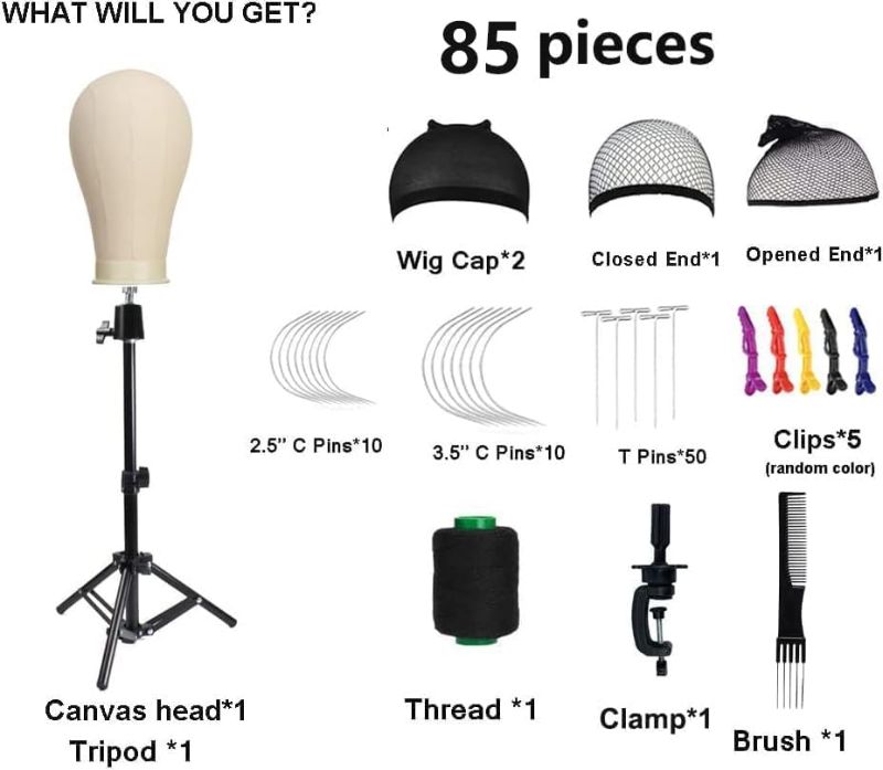Photo 1 of 23 Inch Canvas Block Mannequin Head for Wigs Making Display with Wig Caps, T Pins, C Bristle Brush