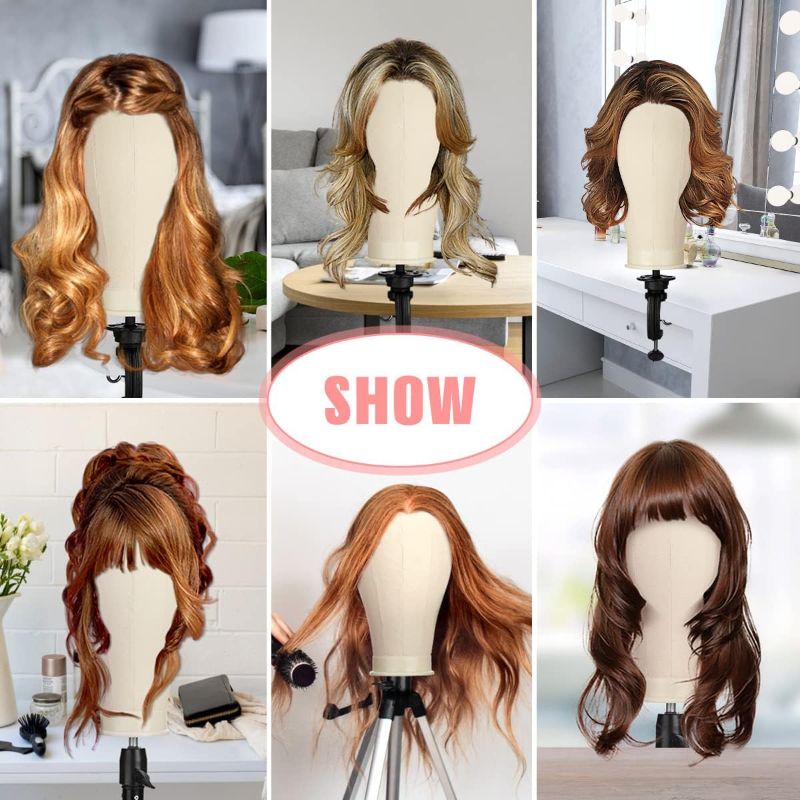 Photo 1 of 23 Inch Canvas Block Mannequin Head for Wigs Making Display with Wig Caps, T Pins, C Bristle Brush