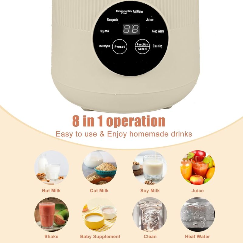 Photo 1 of 8-in-1 Automatic Soy Nut Milk Maker,40oz Soy Milk Maker for Homemade Almond,Oat,Soy Milk,Rice Paste,Complementary Food,Juice,Milk Maker Machine with Delay Start/Keep Warm/Self Clean/Boil Water (White)