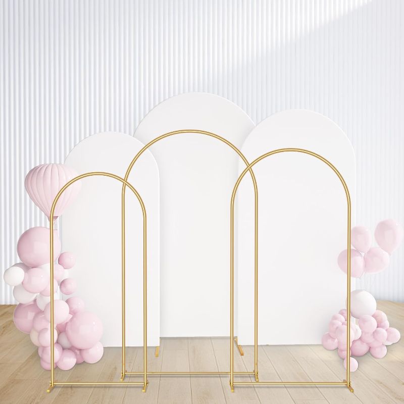 Photo 1 of GRENTY Metal Arch Backdrop Stand and Cover Set 7.2FT/6.6FT/6FT, Wedding Arch Frame with Spiral Rotating Joint, 3 Wrinkle-Resistant Arch Cover for Birthday, Anniversary, Wedding, Party