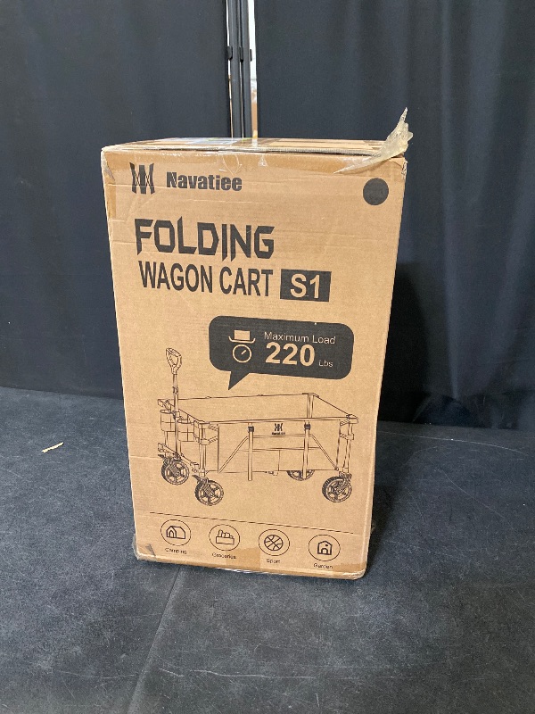 Photo 1 of Navatiee Big Wheels Collapsible Wagon Cart Foldable, Heavy Duty Beach Wagon with Silent All-Terrain Wheels, Folding Utility Grocery Cart with Side Pocket and Brakes for Camping Garden Sports, Black