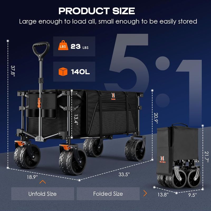 Photo 1 of Navatiee Big Wheels Collapsible Wagon Cart Foldable, Heavy Duty Beach Wagon with Silent All-Terrain Wheels, Folding Utility Grocery Cart with Side Pocket and Brakes for Camping Garden Sports, Black