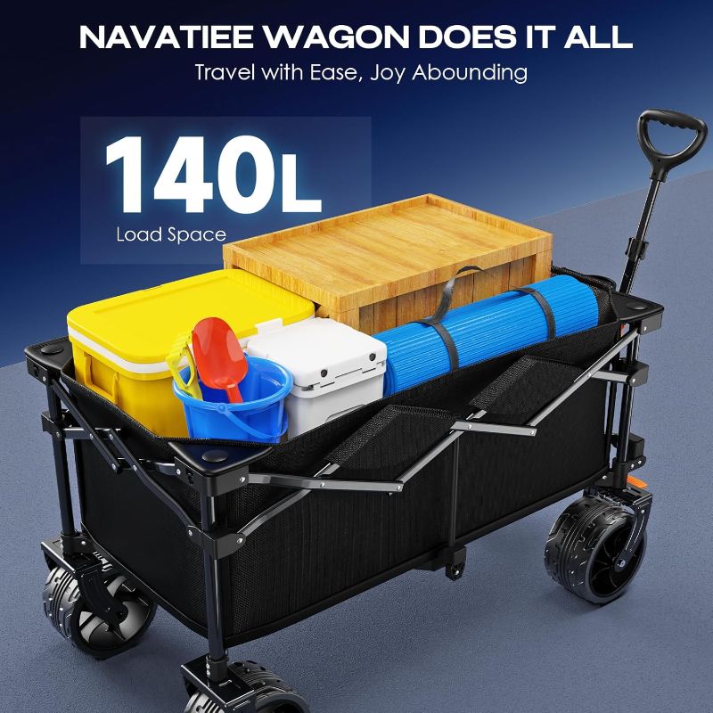 Photo 1 of Navatiee Big Wheels Collapsible Wagon Cart Foldable, Heavy Duty Beach Wagon with Silent All-Terrain Wheels, Folding Utility Grocery Cart with Side Pocket and Brakes for Camping Garden Sports, Black