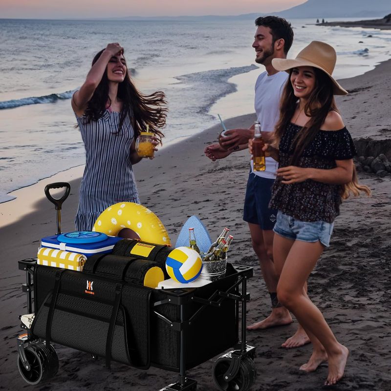 Photo 1 of Navatiee Big Wheels Collapsible Wagon Cart Foldable, Heavy Duty Beach Wagon with Silent All-Terrain Wheels, Folding Utility Grocery Cart with Side Pocket and Brakes for Camping Garden Sports, Black