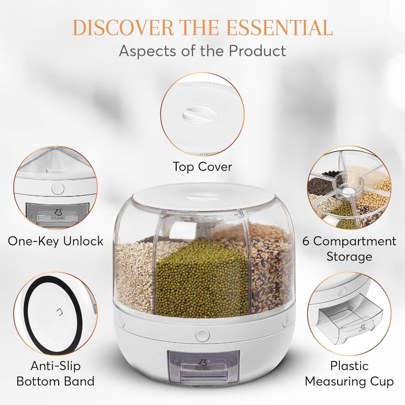 Photo 1 of Grain and Rice Dispenser, 8 Quarts Rotating 360° Kitchen Dry Food Storage Container with 6 Compartments, Easy Disassembly for Cleaning, Compact Design