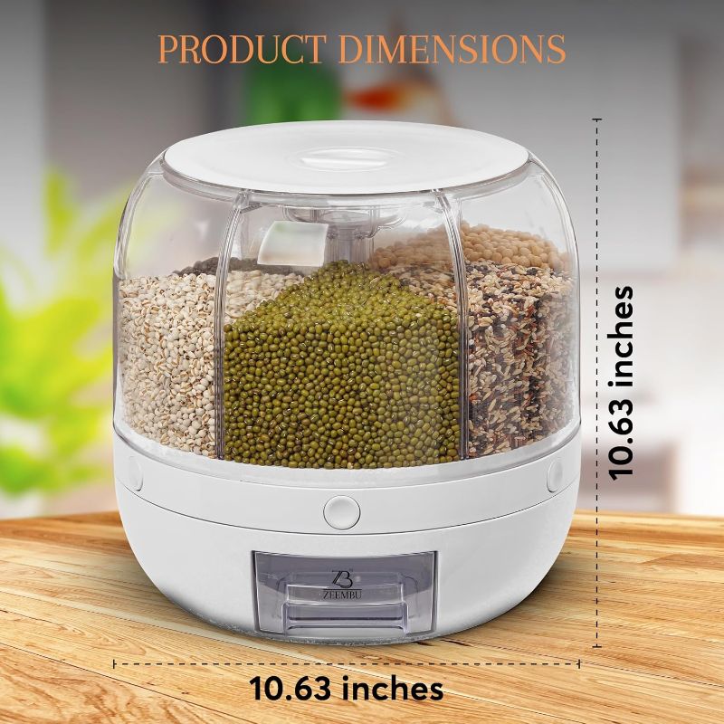 Photo 1 of Grain and Rice Dispenser, 8 Quarts Rotating 360° Kitchen Dry Food Storage Container with 6 Compartments, Easy Disassembly for Cleaning, Compact Design