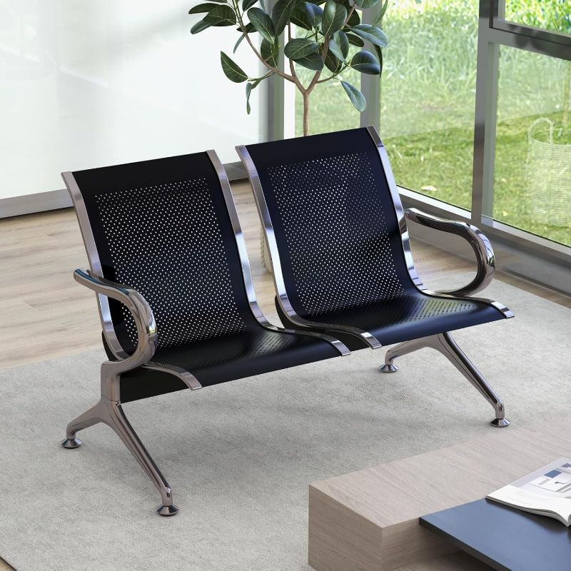 Photo 1 of Kinsuite Reception Room Chair - 2 Seat Guest Chair with Arms, Metal Waiting Room Chairs, Office Guest Chairs & Reception Seat for Office Bank, Hospital, Airport, Black