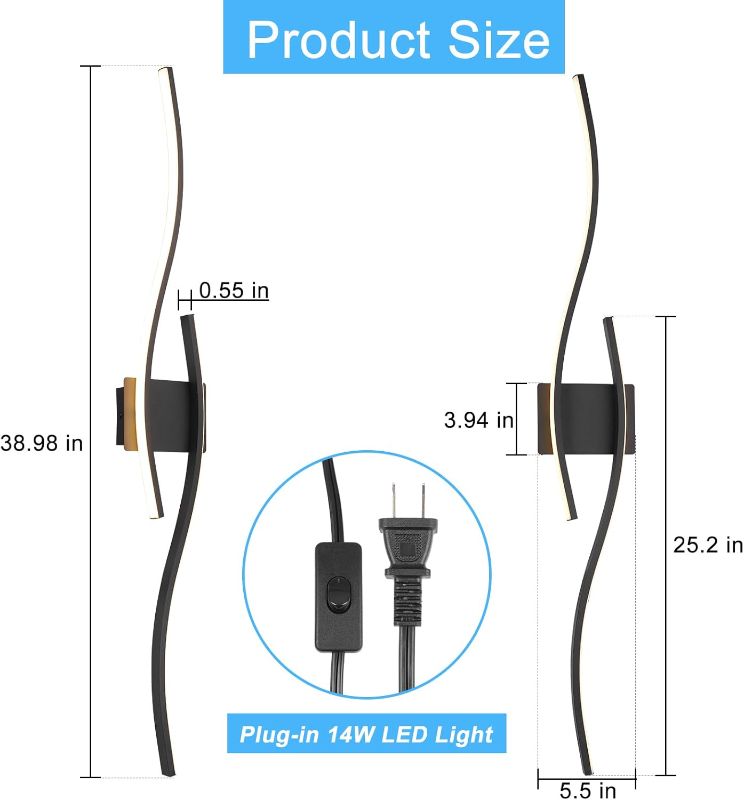 Photo 1 of Long Wall Sconce Black Wall Light Set of 2, Plug in 14W LED Wall Light Fixtures, Indoor Wall Lighting Fixture with Cord for Bedroom Living Room Porch(Black,2pcs)