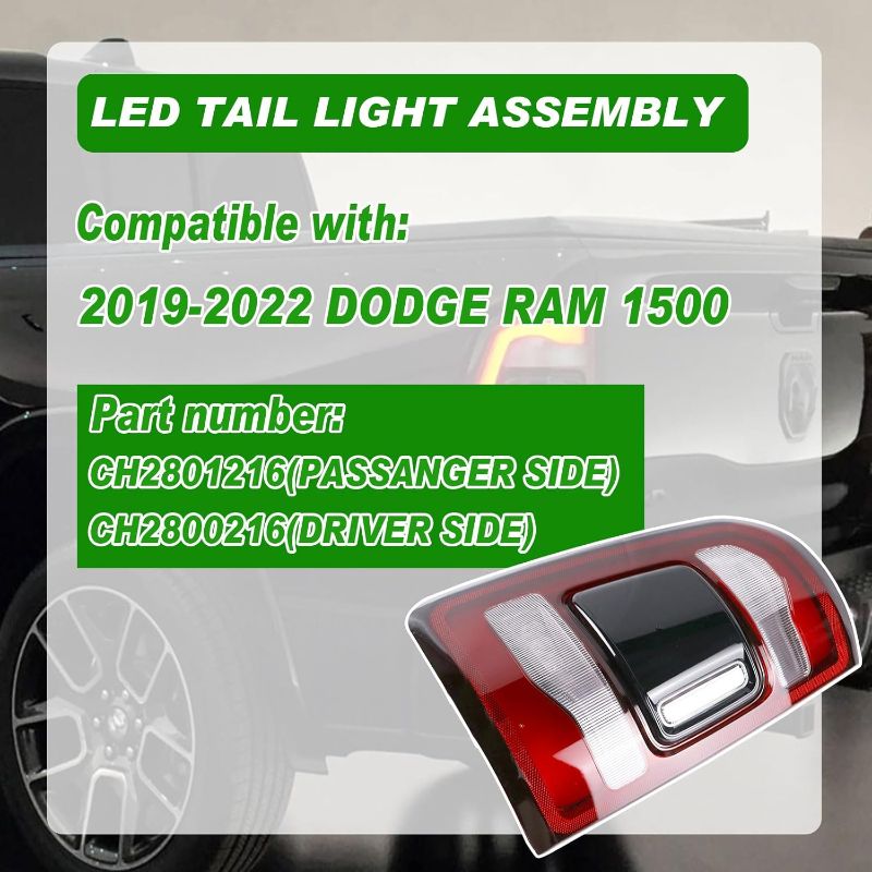 Photo 1 of LED Tail Lights Assembly Without Blind Spot Compatible with Ram 1500 2019 2020 2021 2022 Left Driver Side Taillights Rear Brake Light Tail Lamps Replace 55112993AB Black Smoke