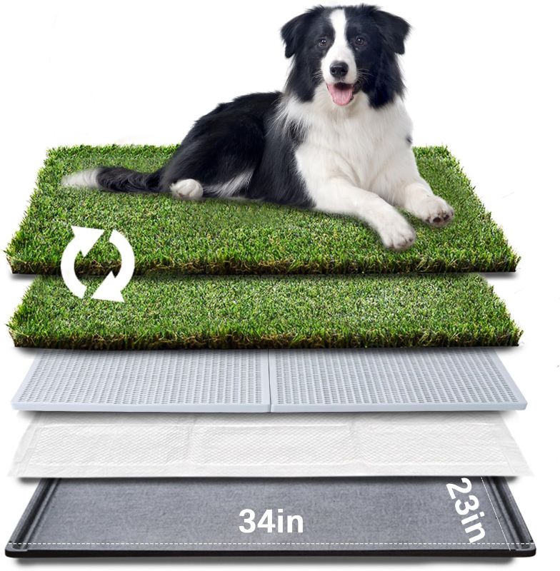 Photo 1 of Hq4us Dog  Pad with Tray Large 34”×23” Dog Litter Box Toilet with 2×Artificial Grass for Dogs with Hemmed Edge, Pee Pads for Dogs, Realistic, Less Stink, Potty for Balcony